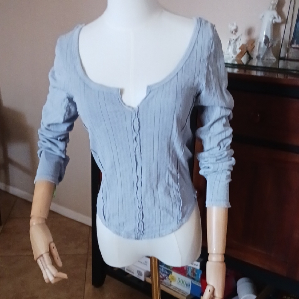 We The Free Light Blue Ribbed Scoop Neck Long Sleeve Top